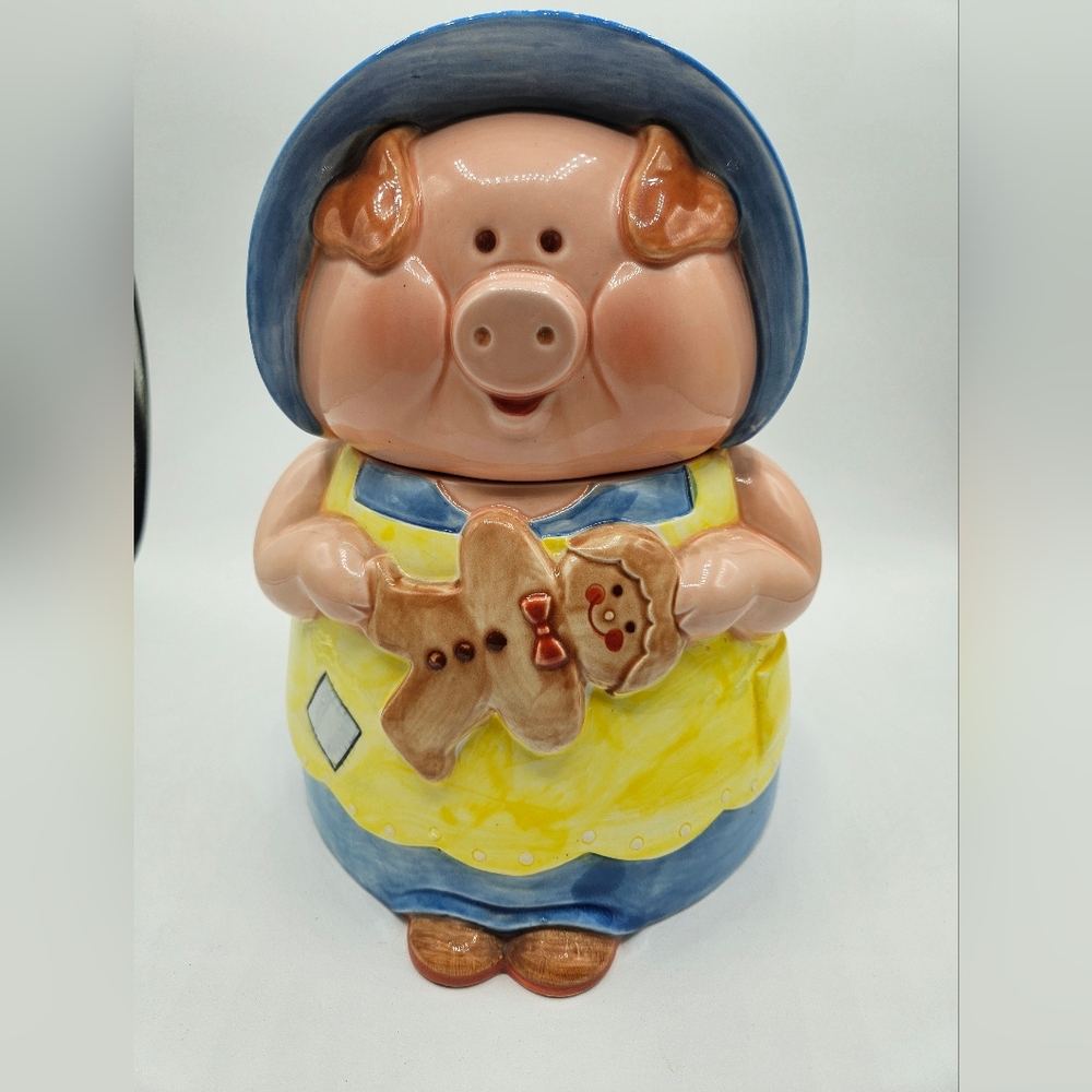 Vintage Joseph Original Pig Cookie Jar, Gingerbread Man, Blue Dress Yellow Smock